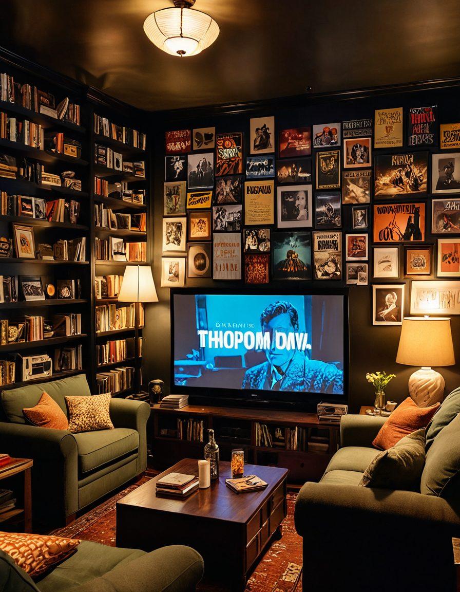 A cozy living room with a large projector screen displaying a classic film scene, surrounded by stacks of hardcore DVDs and film analysis books. Soft, warm lighting creates an inviting atmosphere, while a comfortable sofa adorned with popcorn and drinks sets the mood for an ultimate movie night. Film reel decor and vintage movie posters add character to the room. super-realistic. vibrant colors. cozy ambiance.
