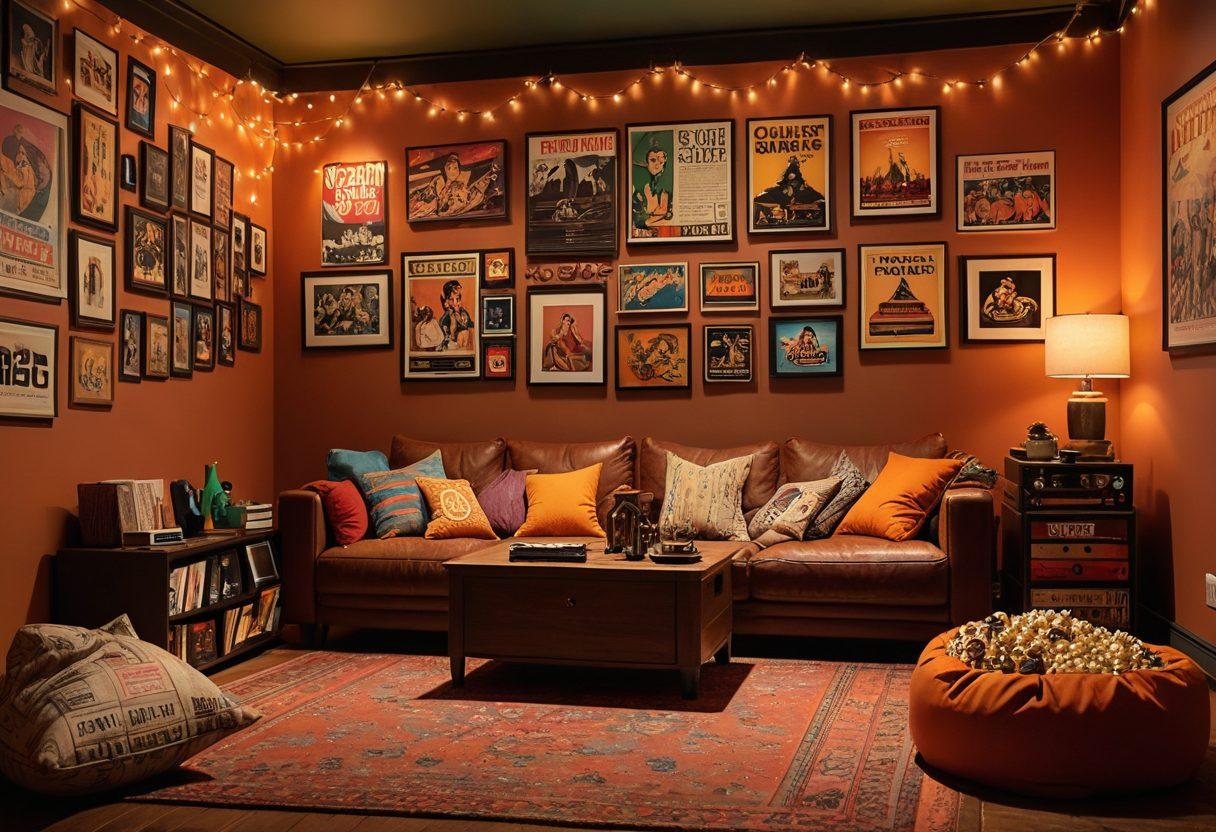 A cozy home theater setting with a vintage film projector casting classic movie scenes on a wall, surrounded by retro film posters and a collection of classic DVDs, with plush bean bags and popcorn scattered around. The warm glow of string lights creates an inviting atmosphere, inviting viewers into a nostalgic movie night experience. pixel art. vibrant colors.