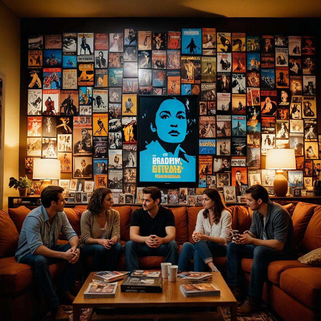 A cinematic scene featuring a diverse group of film enthusiasts passionately discussing DVDs with glowing screens illuminating their faces. Surrounding them are iconic movie posters and a stack of classic DVDs, symbolizing film history. Include a soft-focus background of a cozy living room filled with film memorabilia. Warm, inviting colors enhance the atmosphere of creativity and discussion. super-realistic. vibrant colors. cozy ambiance.